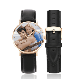 Custom Watch Engraved Photo Watch Black Leather Strap