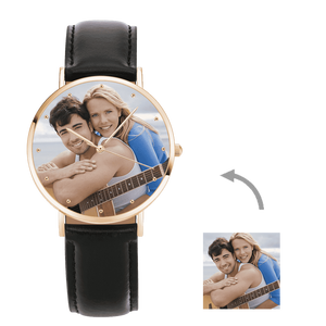 Custom Watch Engraved Photo Watch Black Leather Strap