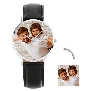 Gift For Dad Engraved Photo Watch with Luminous Pointer Black Leather Strap 40mm - Unisex