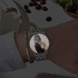 Engraved Photo Watch with Luminous Pointer Alloy Bracelet Photo Watch 40mm - Unisex - MadeMineAU