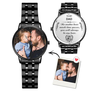 Engraved Men's Black Alloy Bracelet Photo Watch To My Dad Gifts for Him