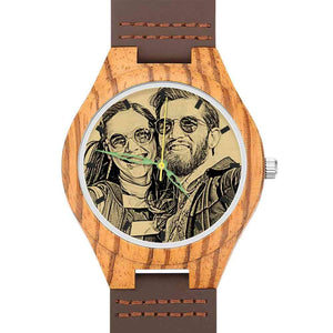 Men's Engraved Wooden Photo Watch Brown Leather Strap 45mm - MadeMineAU