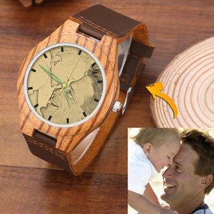 Men's Engraved Wooden Photo Watch Brown Leather Strap 45mm - MadeMineAU