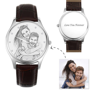 Men's Engraved Photo Watch 43mm Brown Leather Strap - Sketch - MadeMineAU