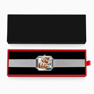 Custom Couple Watch Engraved Photo Watch - Silver Square Case Watch - MadeMineAU