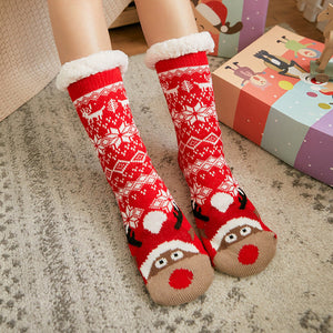 Christmas Socks Plush Coral Fleece Winter Home Floor Socks Red Slipper Socks - Hat Elk - MadeMineAU