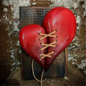 Anniversary Gifts Wood Broken Heart Sculpture Leather Stitched Sculpture Wall Decor