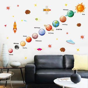 Nine Planets with Meteorite Rocket UFO Wall Decal Wall Sticker Gift for Kids Nursery Bedroom