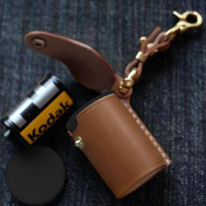 Leather Film Bottle Case For Camera Roll Keychain - Black