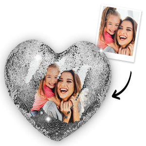 Gift for Mom Custom Photo Magic Heart Sequins Pillow-Red - MadeMineAU